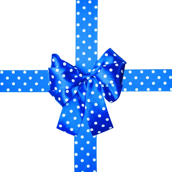 Laço azul e fita com bolinhas brancas feitas de seda — Fotografia de Stock