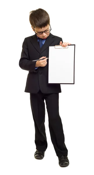 Boy in suit show blank sheet — Stock Photo, Image