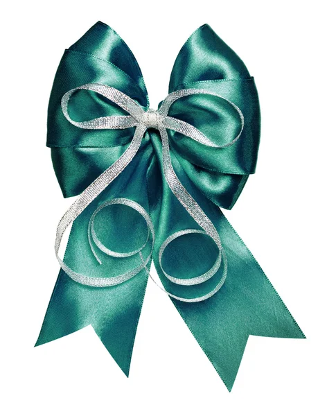 Dark green bow with silver ribbon made from silk — Stock Photo, Image