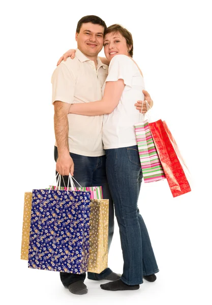 Pareja hombre y mujer con bolsa de compras —  Fotos de Stock