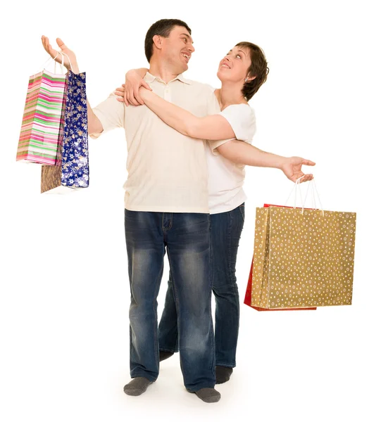 Pareja hombre y mujer con bolsa de compras —  Fotos de Stock