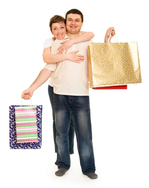 Pareja hombre y mujer con bolsa de compras —  Fotos de Stock