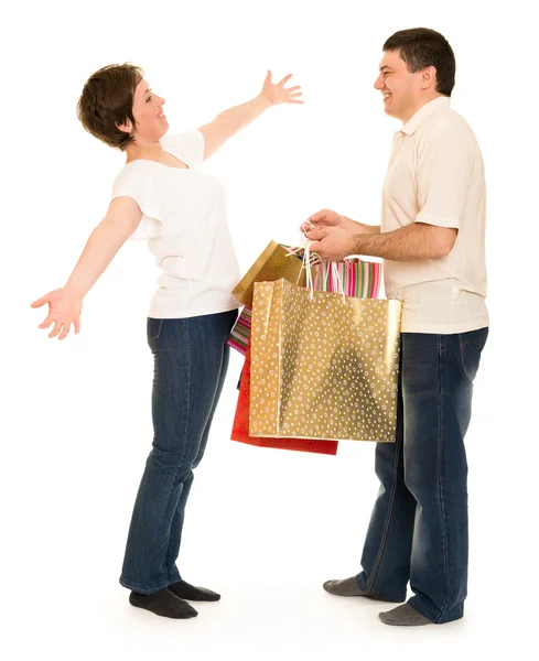 커플 남자와 여자 쇼핑 가방 — 스톡 사진
