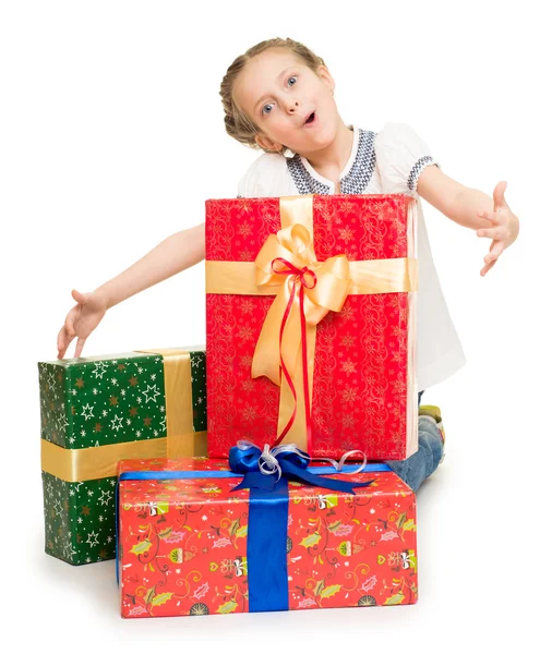 Girl with gift boxes — Stock Photo, Image