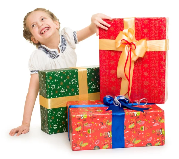 Girl with gift boxes — Stock Photo, Image