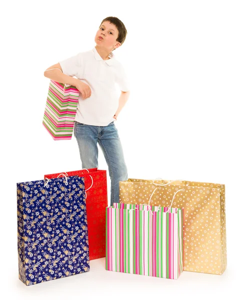 Enfant garçon avec sac à provisions — Photo