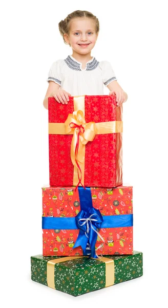 Chica con cajas de regalo — Foto de Stock