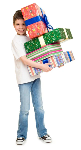Niño con cajas de regalo —  Fotos de Stock