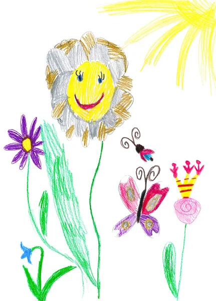 Papillon et fleur. dessin d'enfant . — Photo