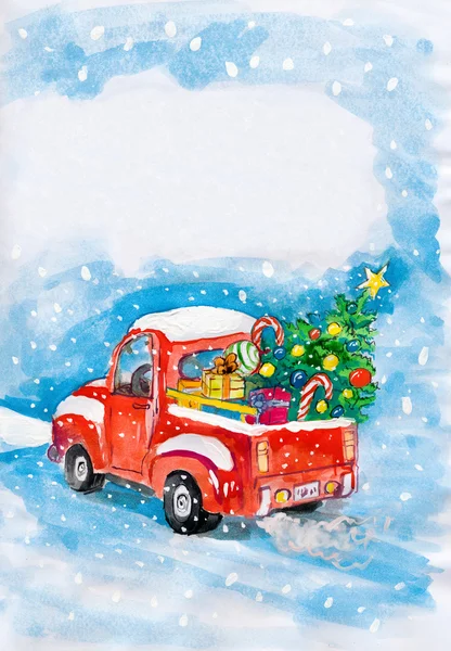 Coche rojo y árbol de Navidad en la nieve. dibujo infantil —  Fotos de Stock