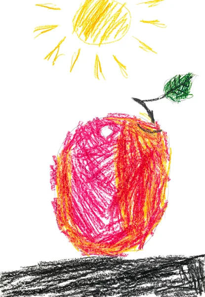 Roter Apfel und Sonne. Kinder Bleistift zeichnen — Stockfoto