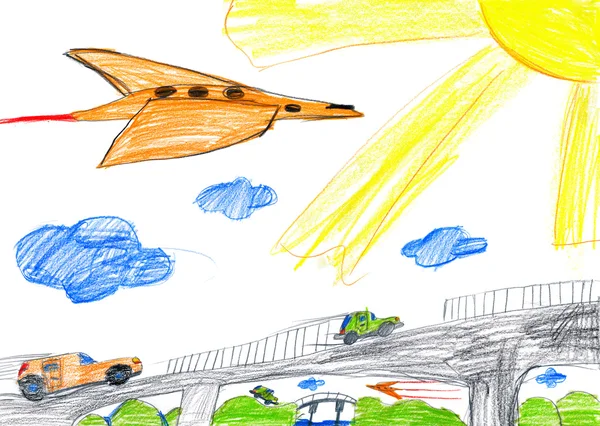 Car on the bridge and airplane. child drawing. — Stock Photo, Image