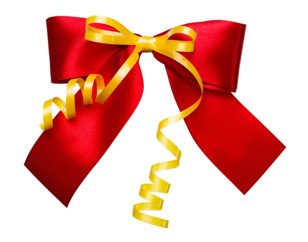 Red bow with golden ribbon made from silk — Stock Photo, Image