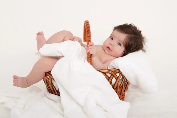 Happy baby in basket on white — Stock Photo, Image