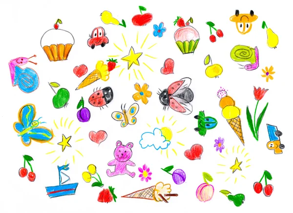 Conjunto de objetos infantis desenhados à mão. desenho de crianças — Fotografia de Stock