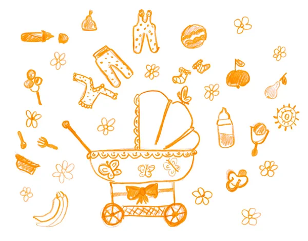 Ensemble d'objets enfantins dessinés à la main. dessin d'enfants — Photo