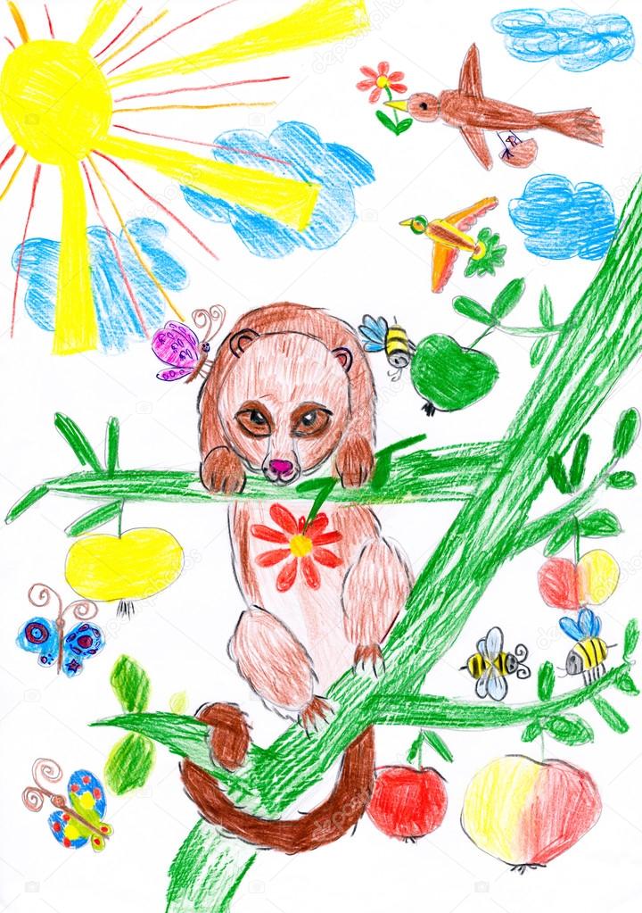 bear on tree childs drawing