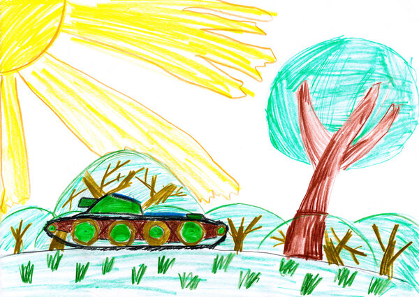 Military tank in the meadow child drawing.