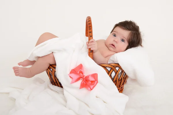 Happy baby in basket on white — Stock Photo, Image