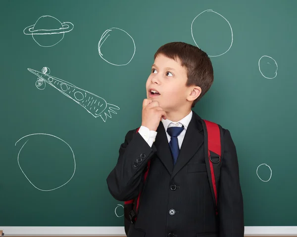 Escuela chico dibujo espacio cohete a bordo — Foto de Stock