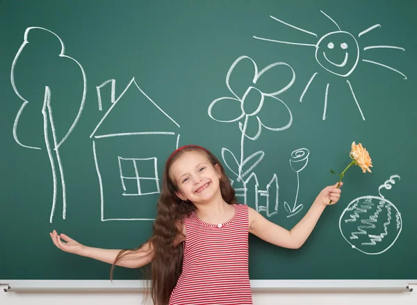 Girl with draw village home and other object — Stock Photo, Image