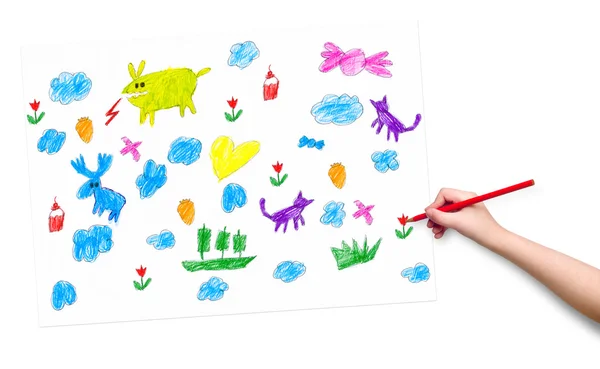 Barnets hand med blyertspenna rita en bild — Stockfoto