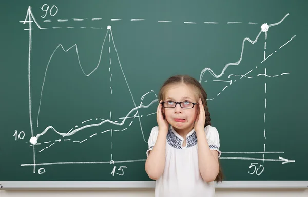 Girl horrified by the graphic drawing on board — Stock Photo, Image