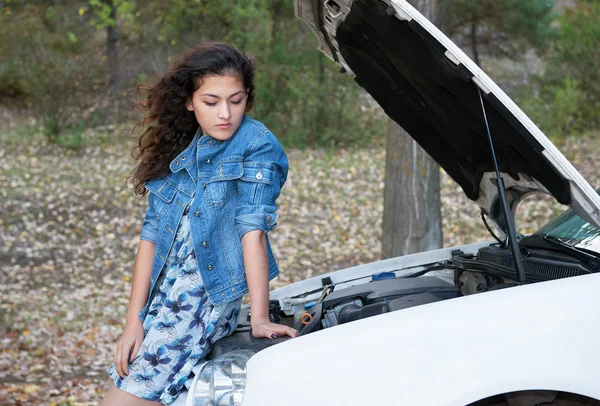 Mujer con coche roto motor de inspección — Foto de Stock