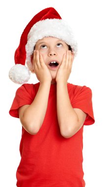 Kış tatil Noel kavramı - santa şapka portre izole beyaz çocuk