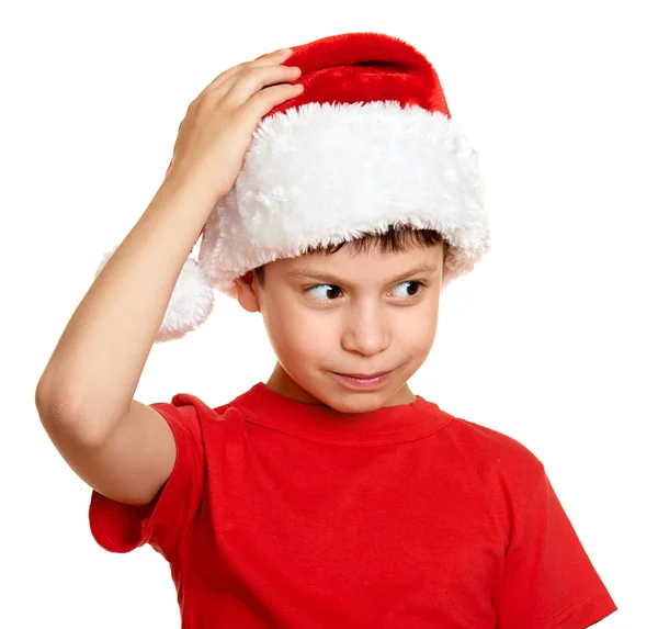 Conceito de Natal de férias de inverno - menino em santa chapéu retrato em branco isolado — Fotografia de Stock