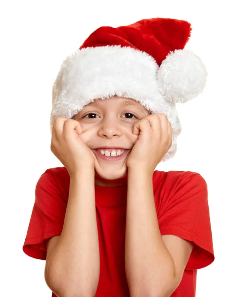 Χειμώνα διακοπές Χριστουγέννων έννοια - αγόρι στο santa καπέλο πορτρέτο σε λευκό απομονωθεί — Φωτογραφία Αρχείου