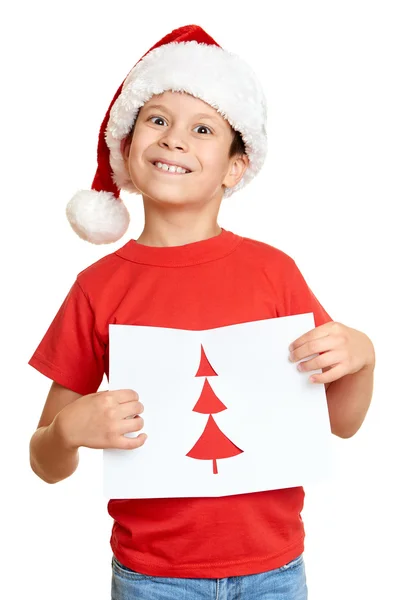 Αγόρι με κόκκινο καπέλο με επιστολή προς Σάντα - χειμερινών διακοπών Χριστουγέννων έννοια — Φωτογραφία Αρχείου