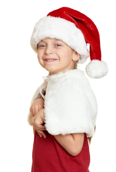 Ragazza in cappello di Babbo Natale su bianco isolato — Foto Stock