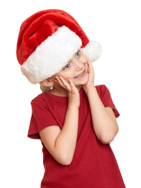 izole beyaz üzerine kırmızı santa şapkalı kız