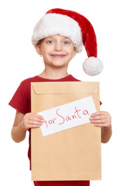 santa - kış tatil Noel kavramı mektup ile kırmızı şapkalı kız