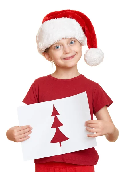 Mädchen in roter Mütze mit Brief an den Weihnachtsmann - Winterurlaubsweihnachtskonzept — Stockfoto
