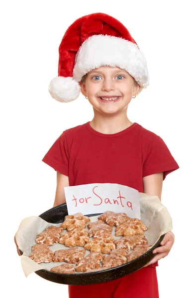 Κορίτσι με το καπέλο santa με τα cookies - χειμερινών διακοπών Χριστουγέννων έννοια — Φωτογραφία Αρχείου