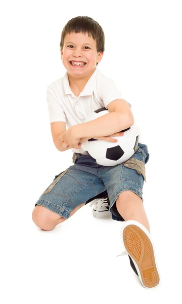 Soccer boy with ball studio isolated white background — Stock Photo, Image