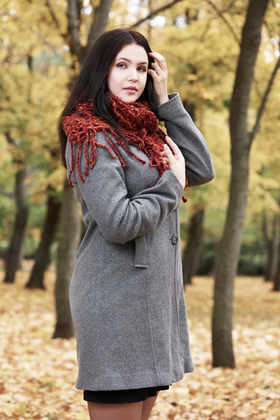 Retrato menina com cachecol vermelho no outono parque da cidade, temporada de outono — Fotografia de Stock