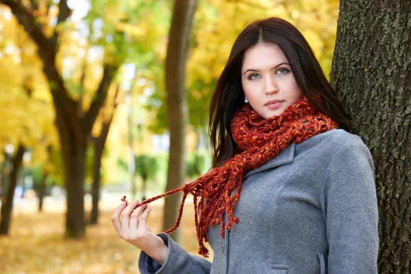 Meisje portret met rode sjaal in herfst stadspark, vallen seizoen — Stockfoto