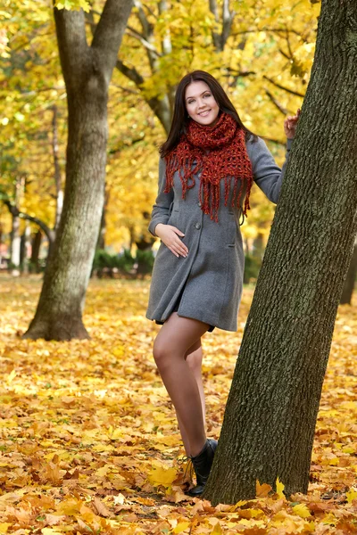 Girl portrait with red scarf in autumn city park, fall season — Stock Photo, Image