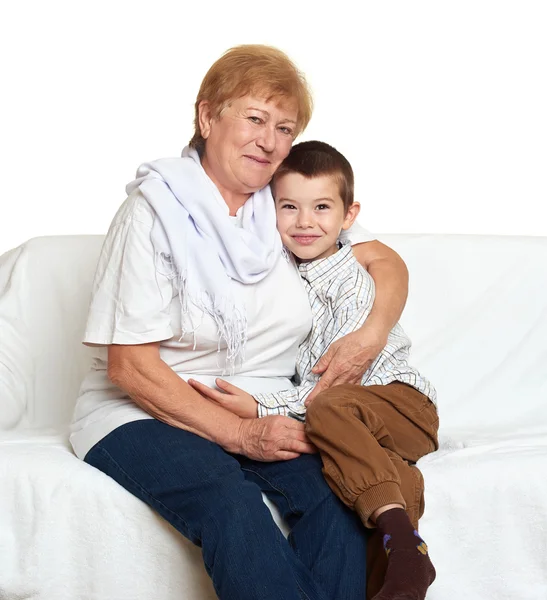 Portrait of child boy and grandmother on white, happy family concept — Stock Photo, Image