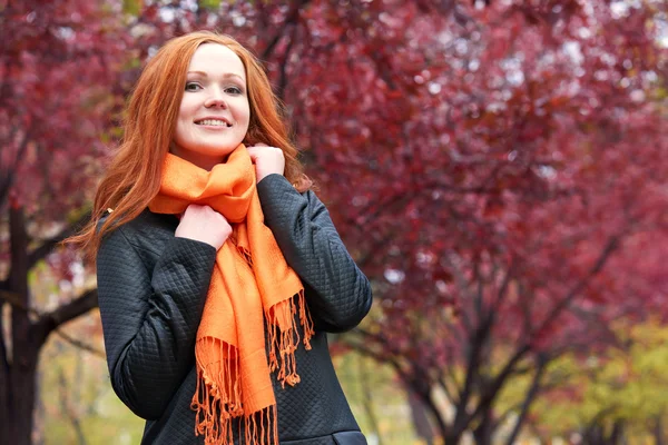 Redhead girl in city park on red tree background, fall season — Stock Photo, Image