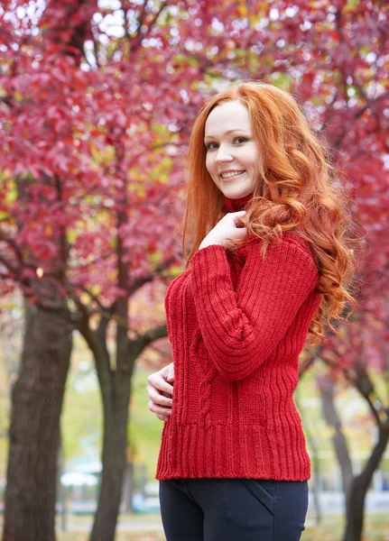 Redhead girl in city park on red tree background, fall season — Stock Photo, Image
