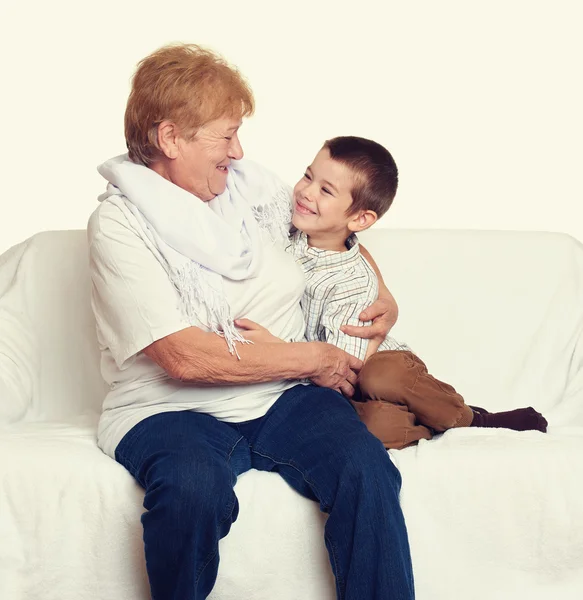 Child boy and grandmother on white, happy family concept — Stock Photo, Image