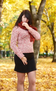 güzel genç kız portre sarı şehir Park, sonbahar sezon