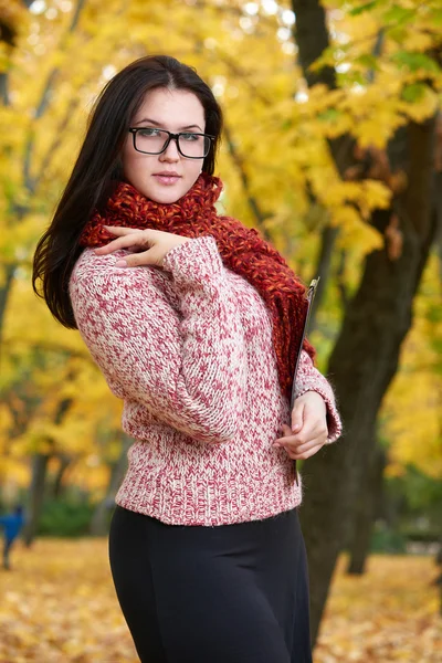 Portrét krásná mladá dívka s brýlemi ve žluté městský park, podzim — Stock fotografie