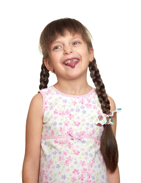 Retrato de menina dente perdido, estúdio atirar no fundo branco — Fotografia de Stock