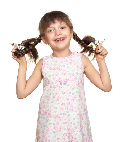 Retrato de menina dente perdido, estúdio atirar no fundo branco — Fotografia de Stock