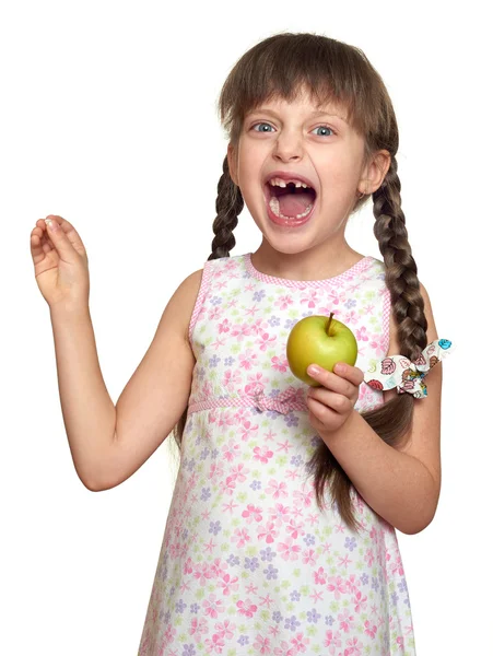 Verloren tand meisje portret, studio schieten op witte achtergrond — Stockfoto